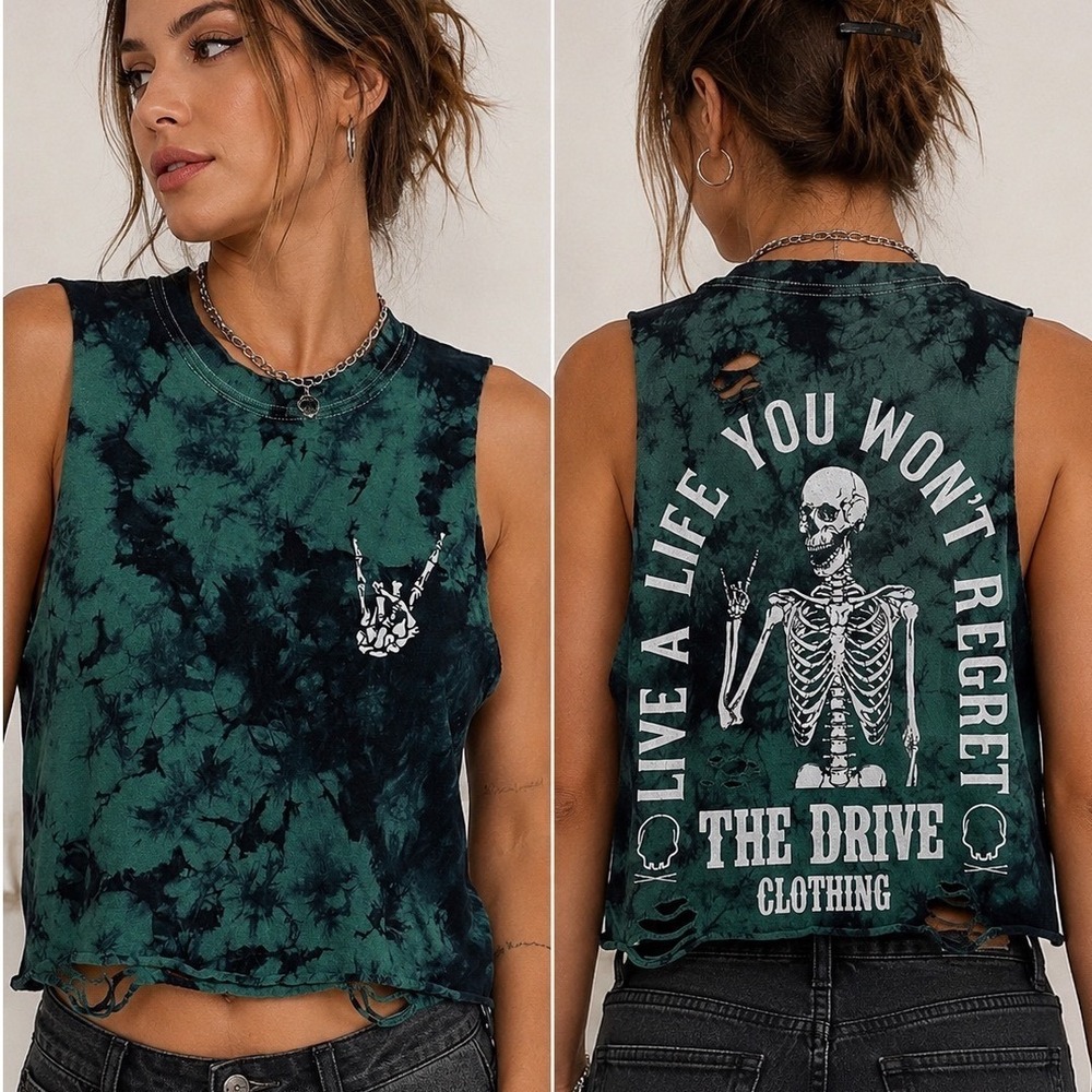 The Drive Clothing Tie Dye Distressed Skeleton Graphic Crop Tank Top Green Black